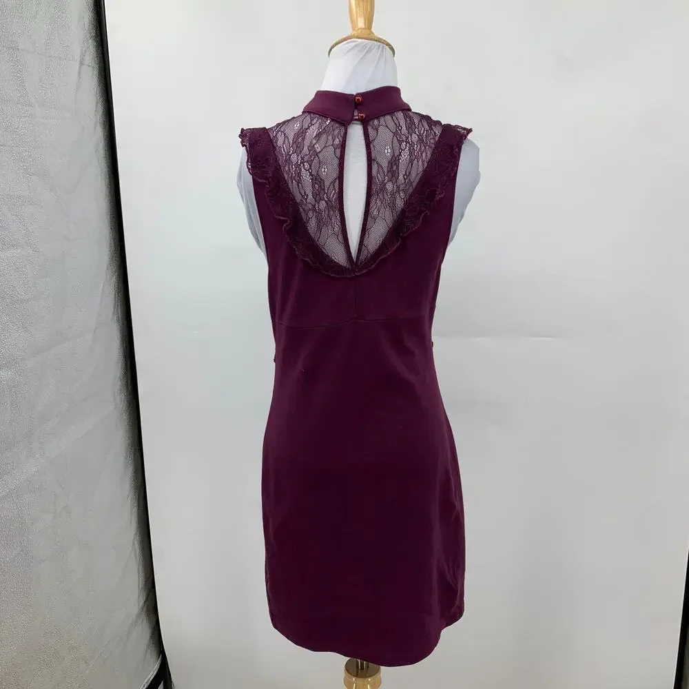 Free People Dress Women M Medium Eggplant Beaumont Muse Ruffled Lace Trim Sheath